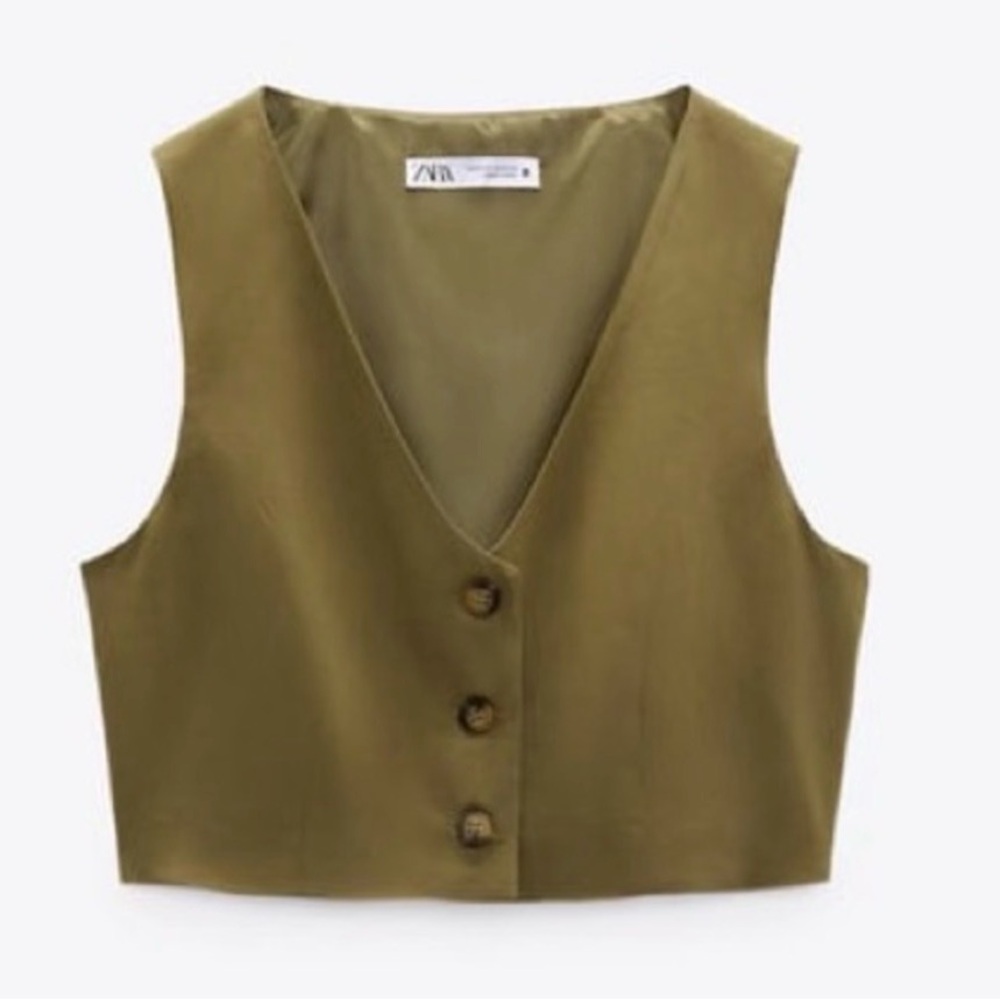 Zara Olive Cropped V-Neck Button Vest